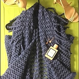 Blue-grey Draped Open Front Knit Poncho One size